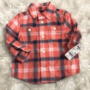 Oshkosh peach & blue plaid button down collar shirt. 6 months. NWT